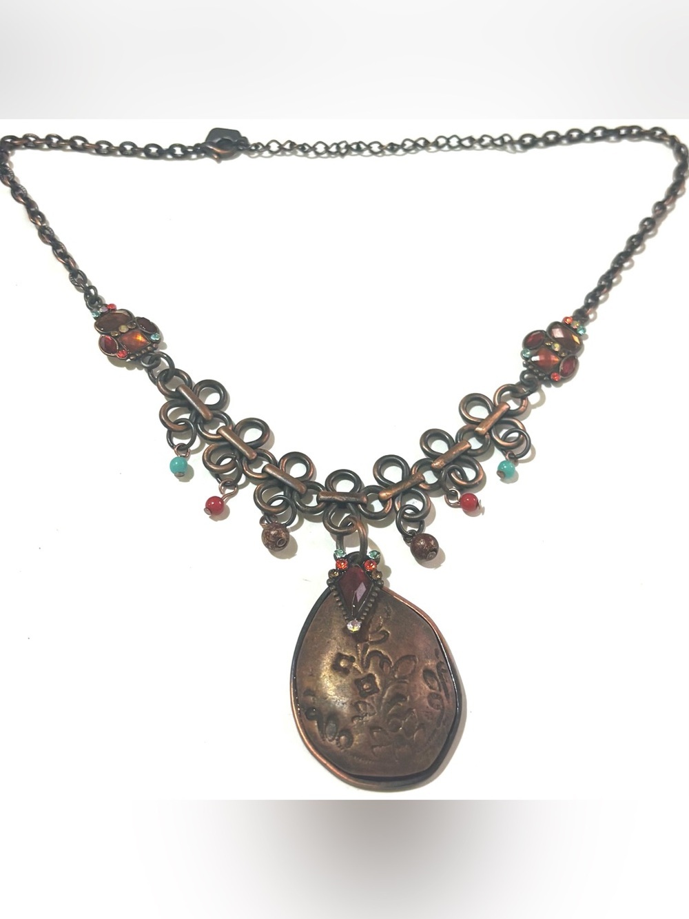Vintage Copper Necklace with Red & Turquoise Bead Accents